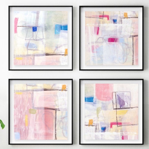 Set shops of 4 Art Prints Square Print, Pastel Abstract Wall Art 4 Piece Wall Art, Horizontal Colorful Abstract Art, Bright Joyful Wall Decor