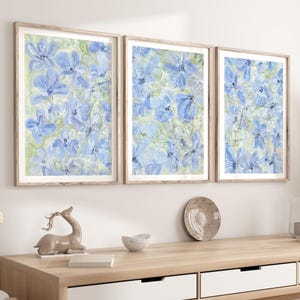 Blue and Green Floral Wall Art Prints Set of 3 Large Blue Flowers Painting, Southern Aesthetic Large Canvas Wall Art, Botanical Wall Decor