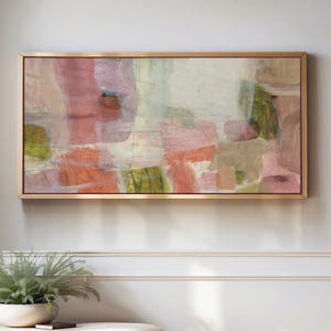Long Horizontal Living Room Wall Art, Panoramic Print Abstract Pastel Painting Blush Terracotta Mauve Art Olive Green Canvas Art Extra Large