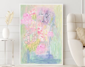 Floral Still Life Painting Print Bright Colorful Wall Art. Abstract Flowers Wall Art. Unique Aesthetic Girly Cute Pink Wall Art Light Green