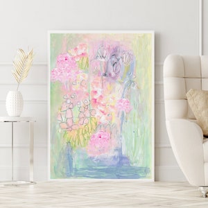 Floral Still Life Painting Print Bright Colorful Wall Art. Abstract Flowers Wall Art. Unique Aesthetic Girly Cute Pink Wall Art Light Green