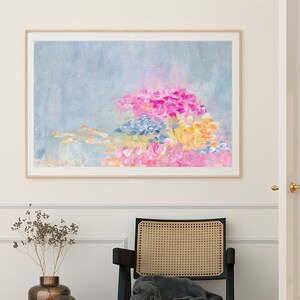 Floral Abstract Pastel Wall Art, Bright Colorful Pastel Painting Horizontal Art Print, Light Blue Hot Pink Orange Yellow Abstract Flowers