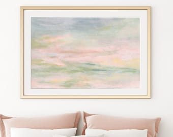 Pastel Abstract Landscape Wall Art Colorful Abstract Painting, Relaxing Print Landscape Lake House Art Blush Pink Green Horizontal Wall Art