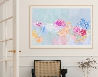 Pastel Floral Painting Horizontal Print, Bright Colorful Abstract Wall Art, Pale Turquoise Hot Pink Orange Still Life Flowers Print