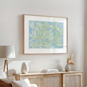 Light Blue & Green Wall Art Botanical Painting Horizontal Extra Large Canvas Wall Art Print Grandmillennial Decor Modern Southern Plant Art