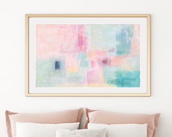 Pastel Colorful Abstract Painting, Pink Orange Large Art Print, Bright Horizontal Wall Art, Cute Nursery Print, Preppy Aesthetic Girly Print