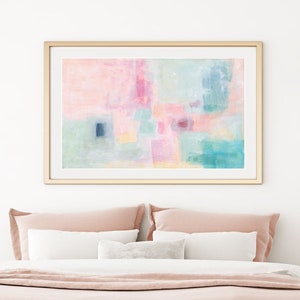 Pastel Colorful Abstract Painting, Pink Orange Large Art Print, Bright Horizontal Wall Art, Cute Nursery Print, Preppy Aesthetic Girly Print