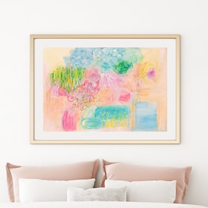 Colorful Abstract Painting, Floral Horizontal Wall Art Danish Pastel Pink and Orange Wall Art Cute Wall Art Print Canvas Wall Art Large