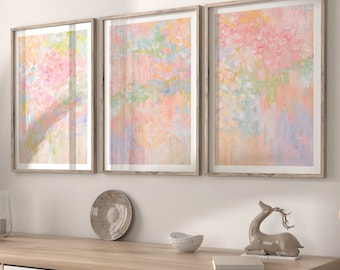 Set of 3 Pastel Colorful Floral Prints, Light Pink Orange Print Bright Impressionist Painting Cute Nursery Preppy Aesthetic Girly Wall Decor
