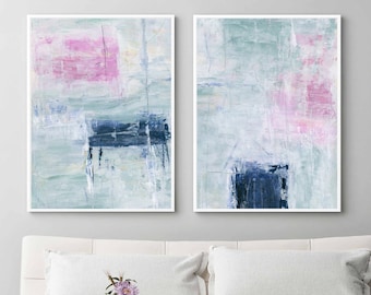Pale Green 2 Piece Abstract Wall Art, Soft Pastel Painting, Set of 2 Large Art Prints Bright Wall Art, Pastel Green White Pink Dark Blue