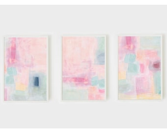 Set of 3 Pastel Colorful Abstract Prints, Light Pink Orange Print Bright Painting Cute Nursery Preppy Aesthetic Girly Horizontal Wall Art