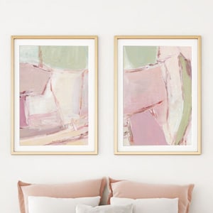 Set of 2 Rose Abstract Wall Art, Mauve Blush Pink Sage Green Decor, Modern Farmhouse Painting, Pastel Abstract Prints Girly Aesthetic Decor