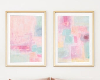 Set of 2 Pastel Colorful Abstract Prints, Light Pink Orange Print Bright Painting Cute Nursery Preppy Aesthetic Girly Horizontal Wall Art