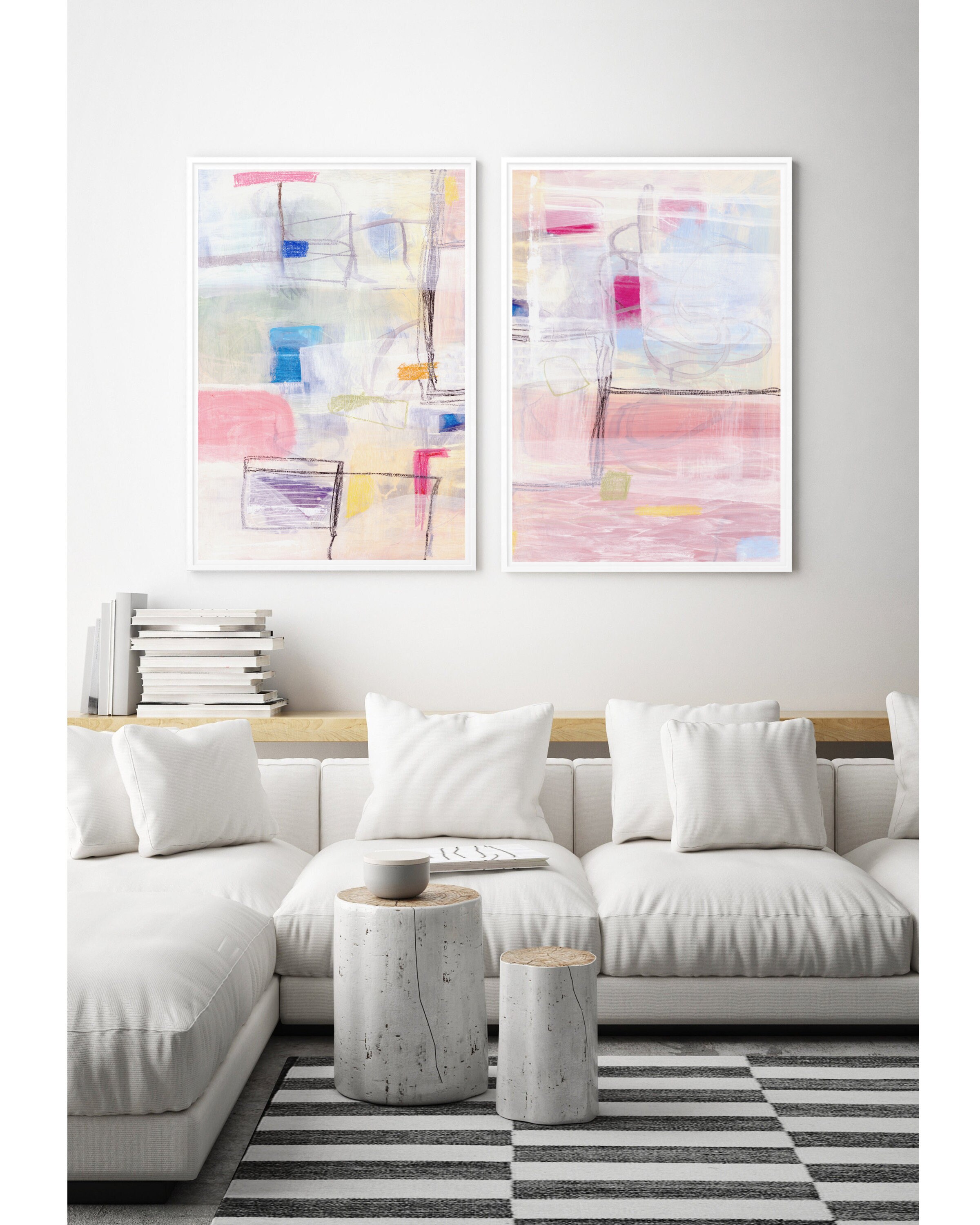 Pastel Abstract Wall Art Set of 2 Large Art Prints Colorful Etsy UK