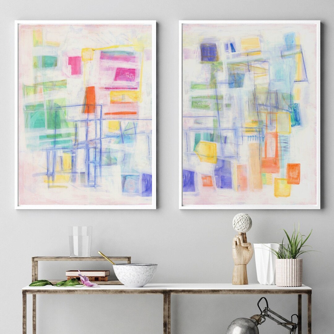 Set of 2 Colorful Pastel Abstract Wall Art Horizontal Large Etsy