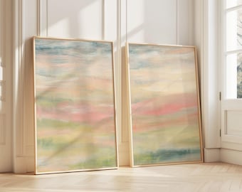 Set of 2 Abstract Landscape Pastel Wall Art, Blush and Green Prints, Sunset Painting Calming Living Room Decor Lake House Canvas Extra Large
