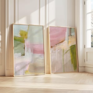 Set of 2 Abstract Pastel Wall Art Mauve and Sage Pastel Green Prints, Pastel Painting Calming Living Room Decor Canvas Wall Art Extra Large
