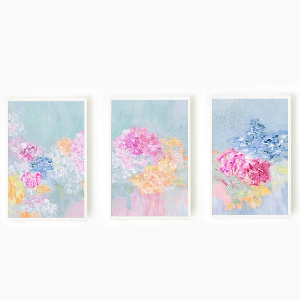 Pink and Teal Abstract Flowers Painting Floral Wall Art Pastel Abstract Flowers Set of 3 Prints Colorful Living Room Decor Canvas Wall Art