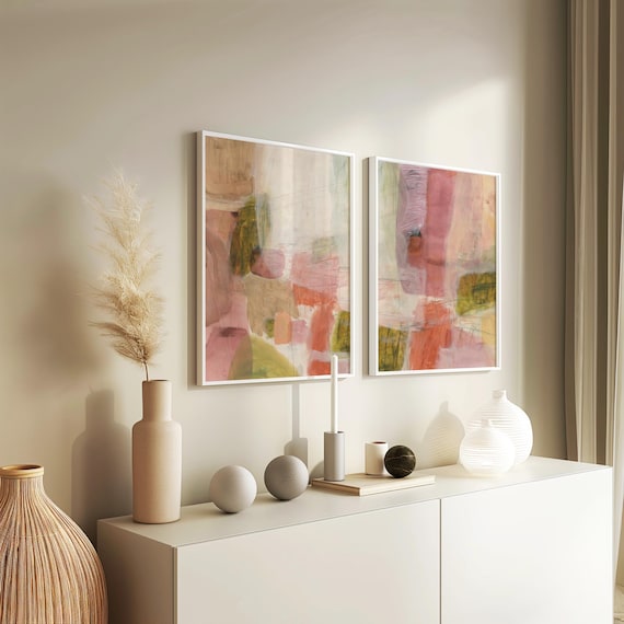 Abstract Beige Olive Green Art Prints, Calming Living Room Canvas, Set of 2