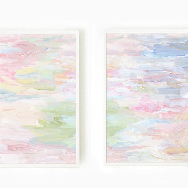 Pastel Abstract Landscape Wall Art Set of 2 Prints Light Pink Green Blue Abstract Painting Colorful Pastel Living Room Decor Light Blue Rose
