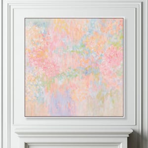 Impressionist Pastel Square Canvas Wall Art Colorful Flowers Print Living Room Wall Art Pink and Orange Wall Art Square Floral Painting