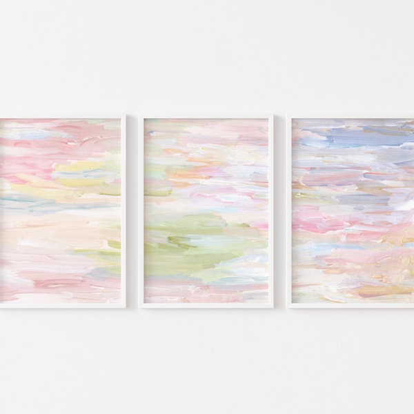 Abstract Landscape Pastel Prints Set of 3, Blush Pink Green Blue Print Lake Painting Calming Wall Art Abstract Sky Cute Living Room Decor