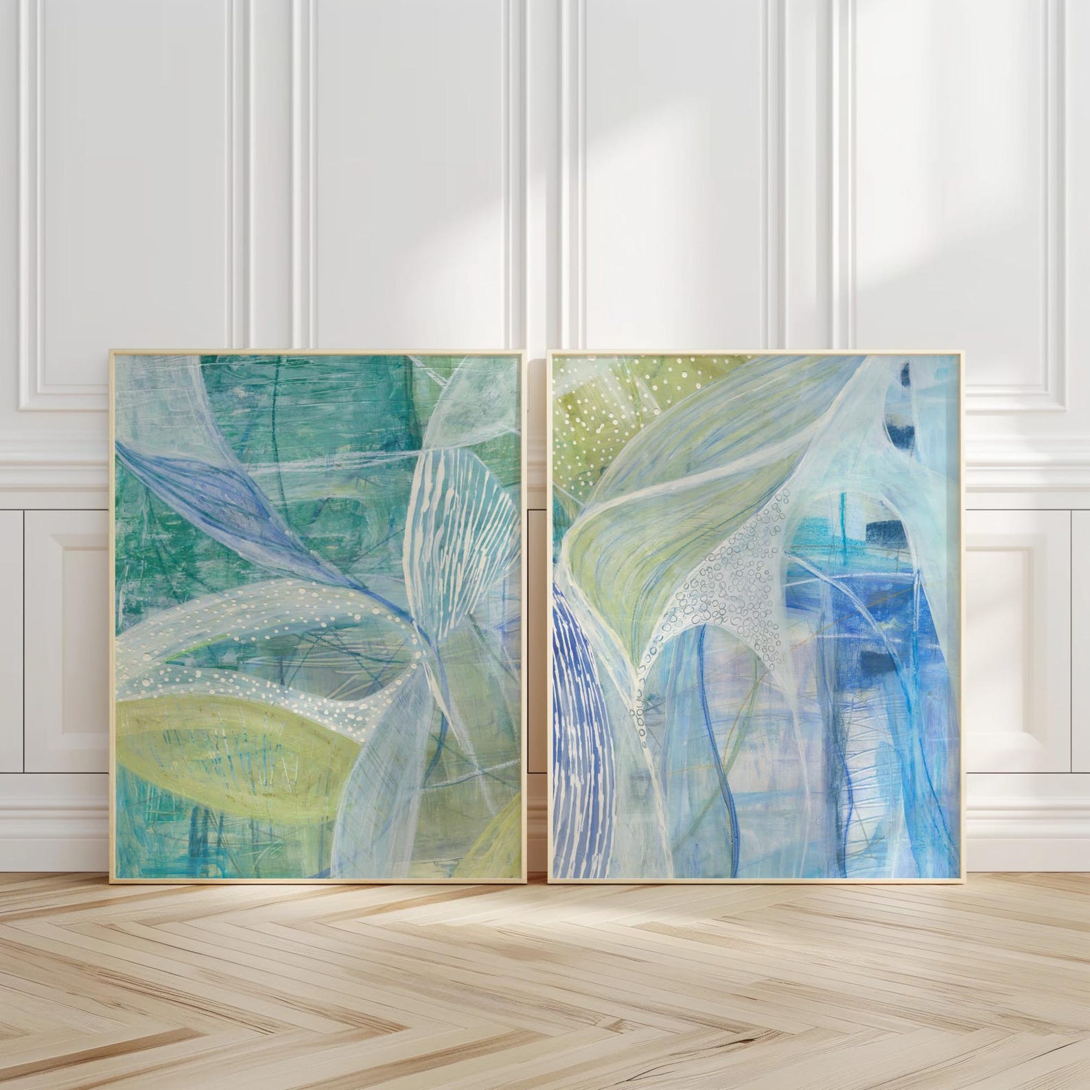Set of 2 Blue and Green Wall Art Prints, Abstract Wall Art Bright Blue ...