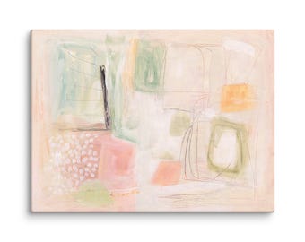 May include: A rectangular canvas painting featuring an abstract composition with soft pastel tones of peach, sage green, and cream. The artwork includes thin black line work, layered geometric shapes, and a cluster of white dots on a pink background.