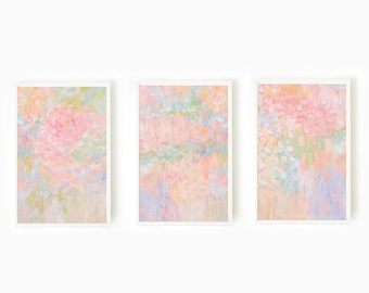 Set of 3 Pastel Colorful Floral Prints, Light Pink Orange Print Bright Impressionist Painting Cute Nursery Preppy Aesthetic Girly Wall Decor