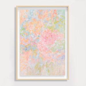 Soft Pastel Wall Art Pink and Orange Flowers Print Living Room Wall Art Impressionist Floral Painting Colorful Abstract Cute Wall Decor