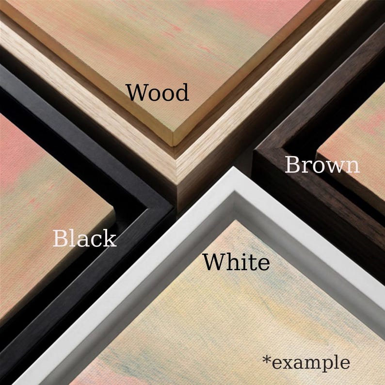 May include: Four framed canvas art pieces arranged in a quadrant layout. The frames are finished in wood, brown, black, and white. Each canvas features a soft, abstract blend of pastel pink, peach, and muted green tones. Text labels identify the frame colors.