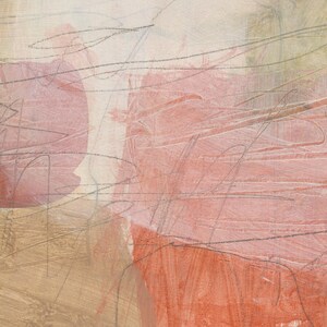 May include: An abstract painting featuring layered washes of soft pink, muted coral, and warm beige tones. The composition is overlaid with thin, dark charcoal pencil scribbles and gestural lines that create a sense of depth and movement across the canvas.