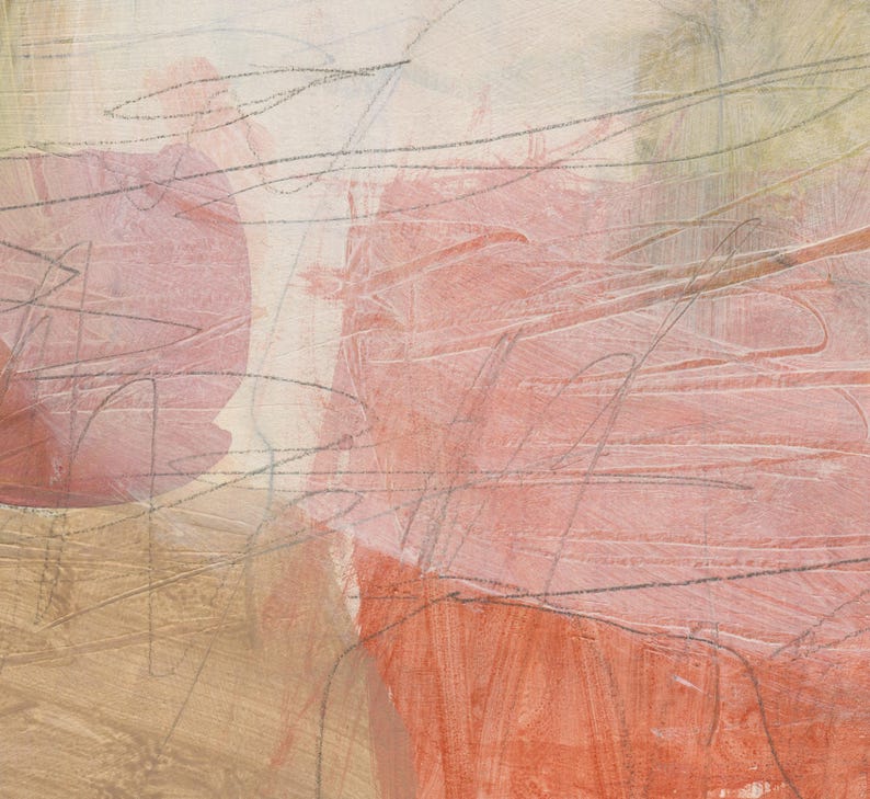 May include: An abstract painting featuring layered washes of soft pink, muted coral, and warm beige tones. The composition is overlaid with thin, dark charcoal pencil scribbles and gestural lines that create a sense of depth and movement across the canvas.