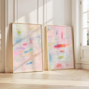 Set of 2 Pastel Colorful Abstract Prints, Light Pink Orange Print Bright Painting Cute Nursery Preppy Aesthetic Girly Horizontal Wall Art