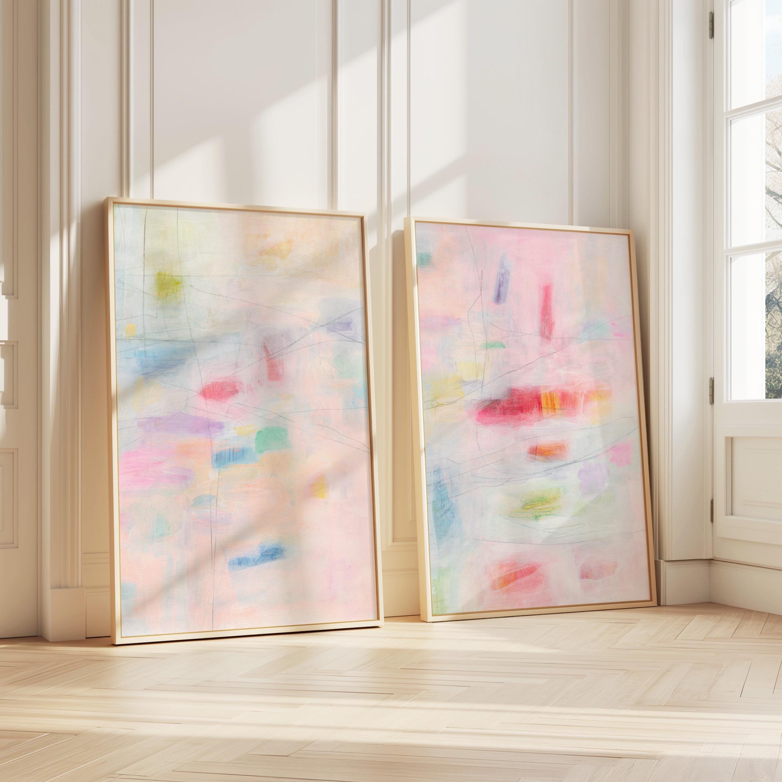 Set of 2 Pastel Colorful Abstract Prints, Light Pink Orange Print Bright Painting Cute Nursery Preppy Aesthetic Girly Horizontal Wall Art