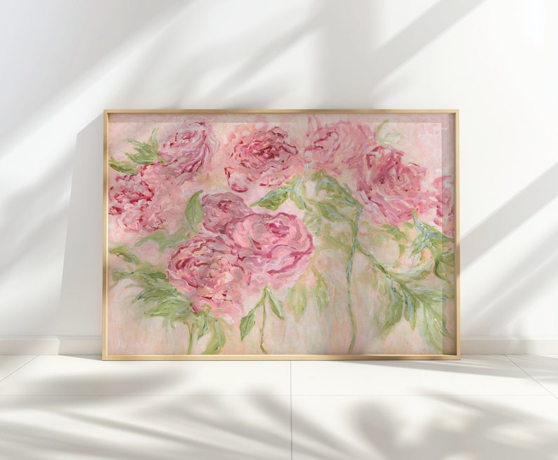 Floral Wall Art Print, Horizontal Pink Roses Wall Art Impressionist ...