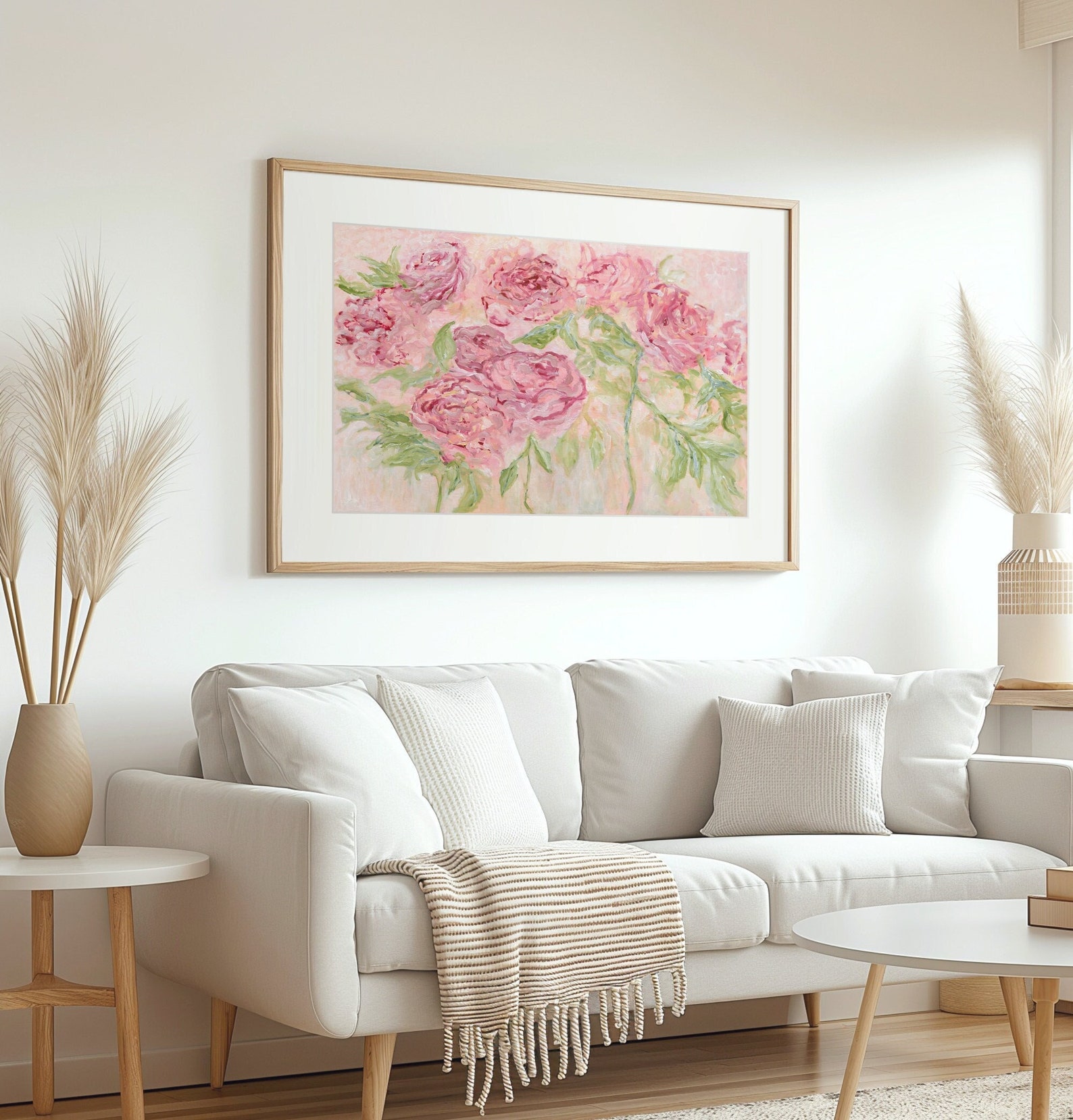 Floral Wall Art Print, Horizontal Pink Roses Wall Art Impressionist ...