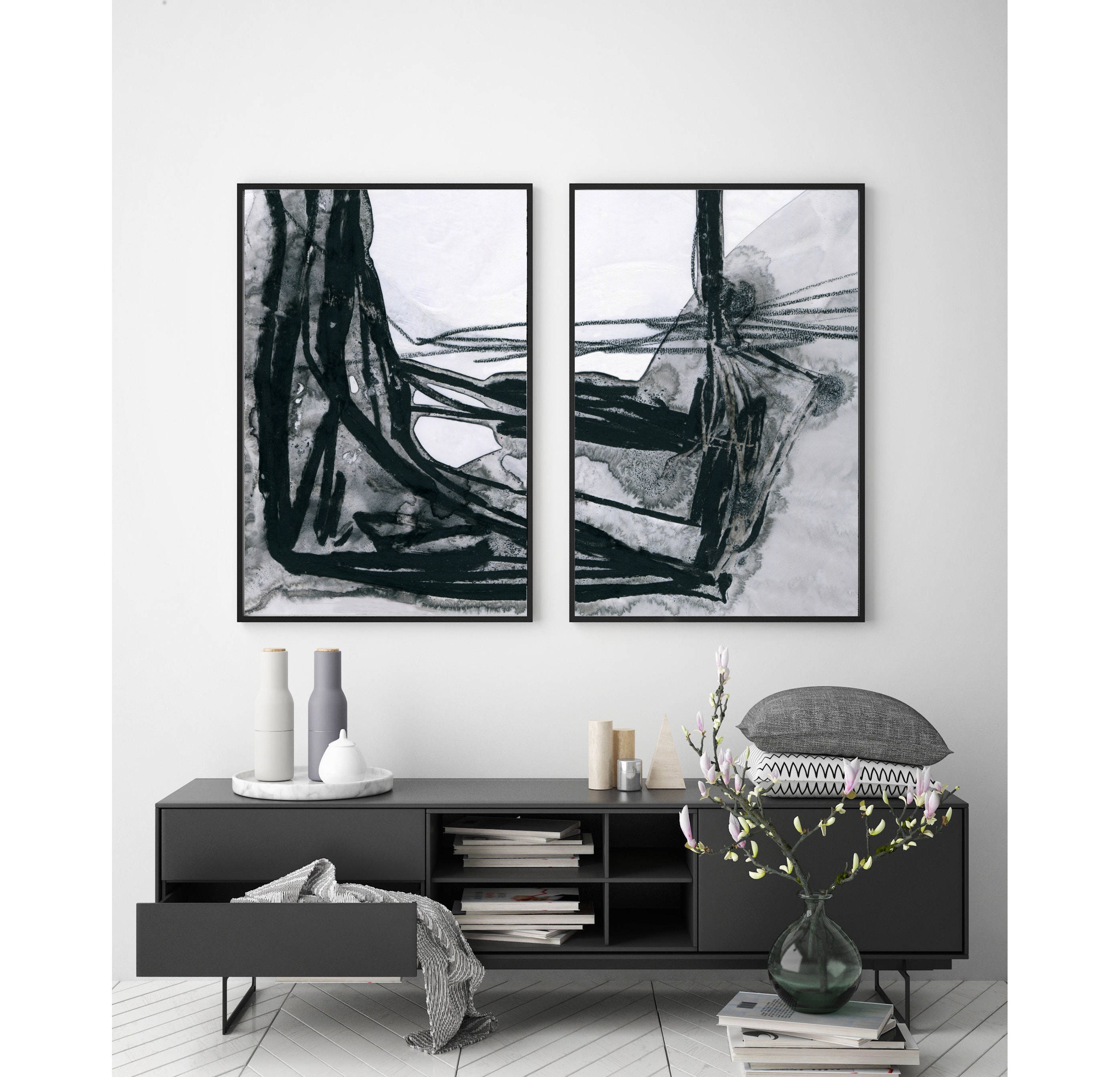 Black and White Wall Art Set of 2 Large Art Prints Abstract | Etsy