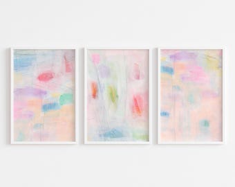 Set of 3 Pastel Abstract Prints, Light Pink Cream Wall Art Pastel Artwork, Cute Colorful Nursery Decor Preppy Aesthetic Print Girly Wall Art