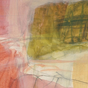 May include: An abstract painting featuring layered washes of coral, muted yellow, and olive green. The composition includes thin, dark charcoal-colored graphite lines that sweep across the surface, creating a sense of movement over the textured paint.