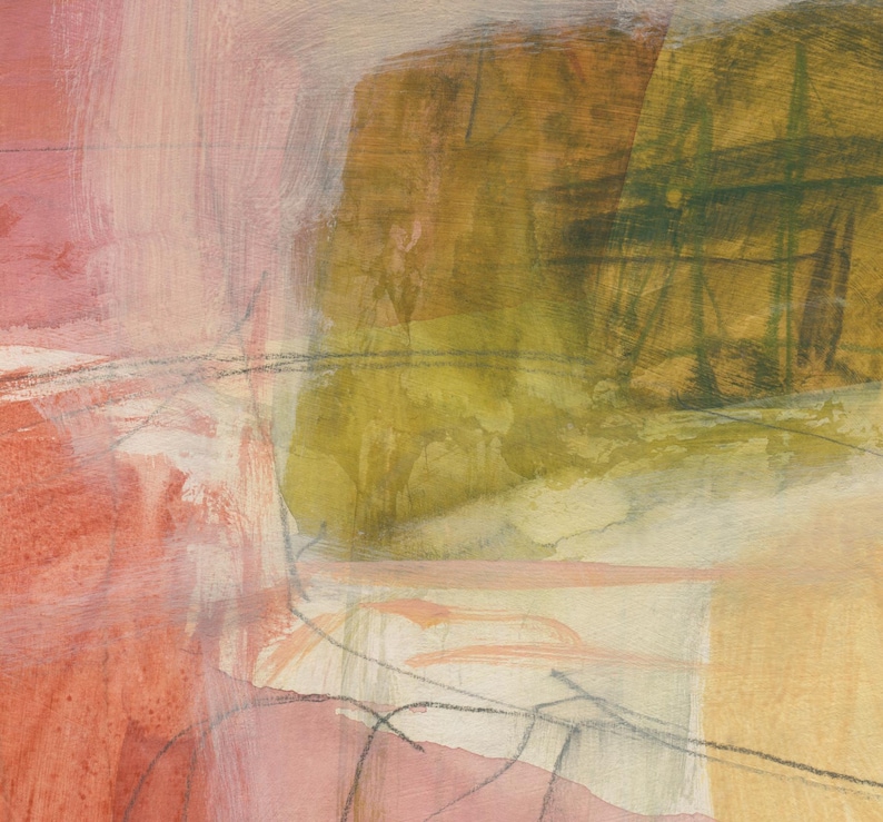 May include: An abstract painting featuring layered washes of coral, muted yellow, and olive green. The composition includes thin, dark charcoal-colored graphite lines that sweep across the surface, creating a sense of movement over the textured paint.