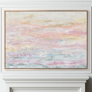 Pastel Landscape Wall Art, Large Horizontal Wall Art, Abstract Colorful Impressionist Painting, Pink Sky Wall Art Blush Light Blue Seascape