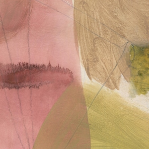 May include: An abstract painting featuring layered shapes in muted pink, beige, and olive green. A dark, textured, horizontal mark with branching, tree-like details sits centrally on a soft pink background, overlaid with thin, dark, hand-drawn lines.