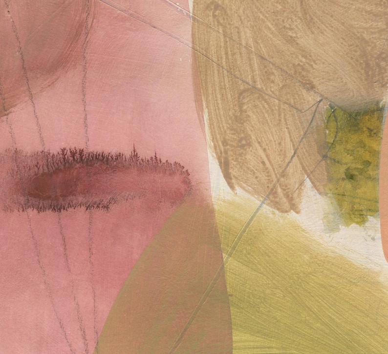 May include: An abstract painting featuring layered shapes in muted pink, beige, and olive green. A dark, textured, horizontal mark with branching, tree-like details sits centrally on a soft pink background, overlaid with thin, dark, hand-drawn lines.