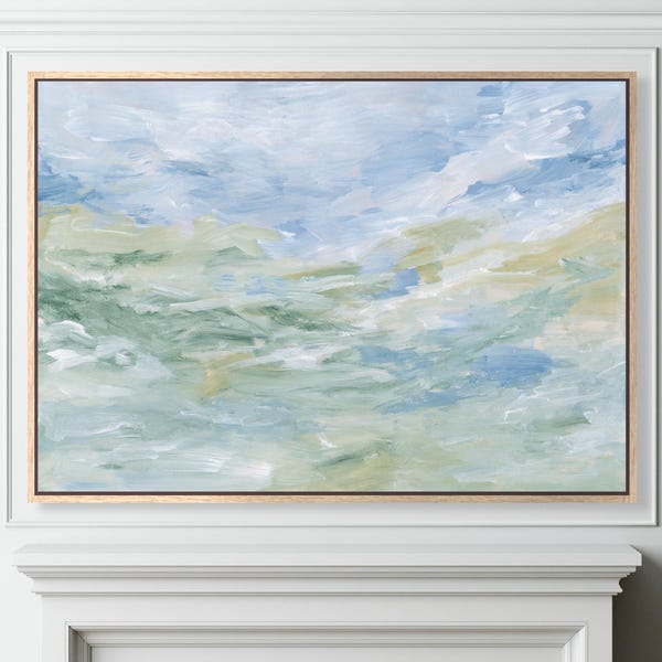 Horizontal Abstract Coastal Wall Art Print, Pale Blue Wall Art Large Canvas Art, French Blue Decor, Light Blue & Green Abstract Sky Painting