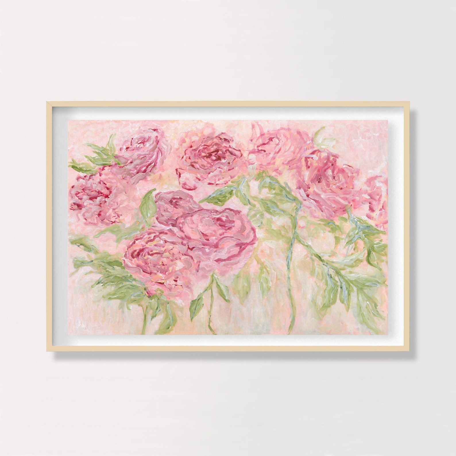 Floral Wall Art Print, Horizontal Pink Roses Wall Art Impressionist ...
