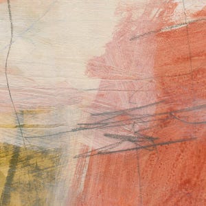 May include: An abstract painting on textured paper featuring layered brushstrokes in shades of terracotta, muted olive green, and soft pink. Thin, dark charcoal pencil lines intersect across the surface, creating a sense of depth and movement.