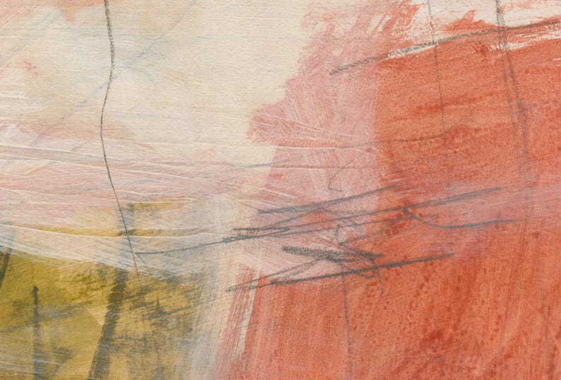 May include: An abstract painting on textured paper featuring layered brushstrokes in shades of terracotta, muted olive green, and soft pink. Thin, dark charcoal pencil lines intersect across the surface, creating a sense of depth and movement.