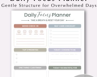 Codzienny planer skupienia do druku, cyfrowy, jednostronicowy organizer dla przeciążonych mam, narzędzie do jasności umysłu, projekt przyjazny dla osób neuroatypowych