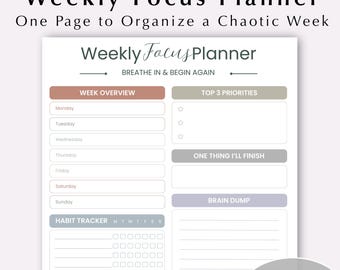 Tygodniowy planer skupienia, cyfrowy, jednostronicowy, do druku, z funkcją śledzenia nawyków, arkusz do zrzutu myśli dla przeciążonych mam i zapracowanych kobiet
